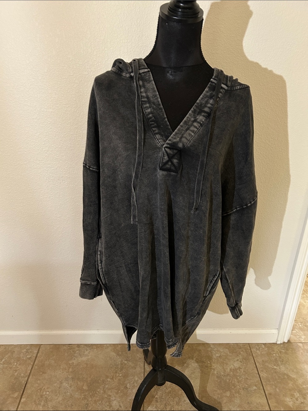 Mono B Washed Charcoal Hooded Pullover Sweater